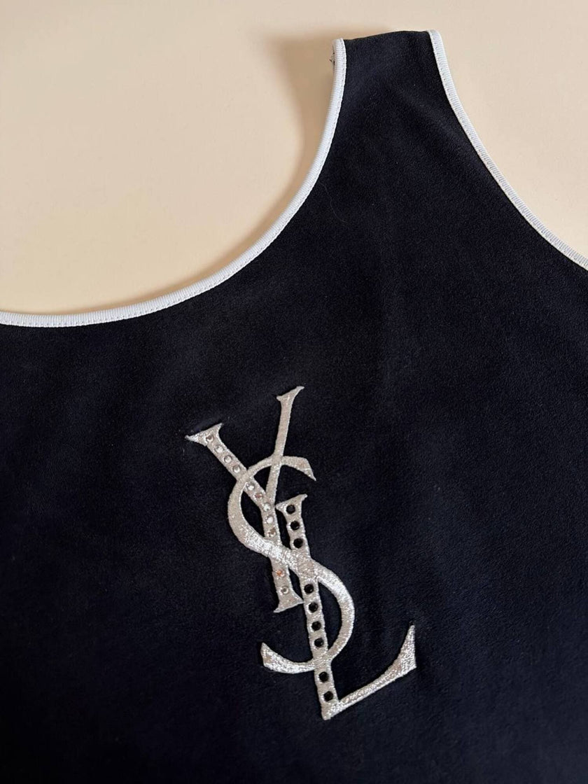 Canottiera in cotone nero con maxi logo ricamato “Yves Saint Laurent”