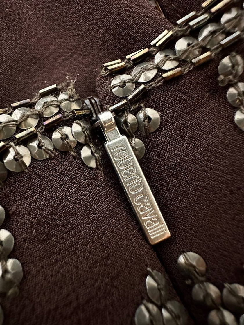 Abito vintage Roberto Cavalli in crêpe di seta marrone con ricamo in paillettes bronzo
