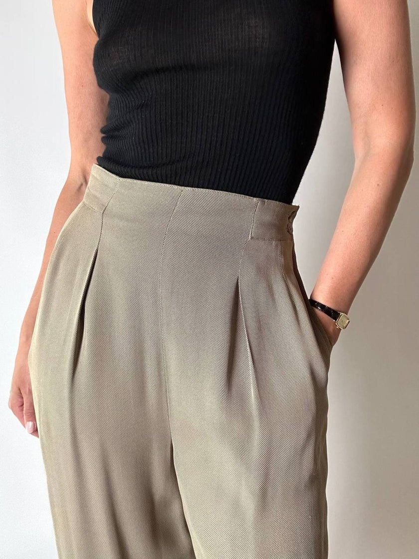 Vintage high-waisted Emporio Armani trousers in khaki Fil-à-Fil fabric