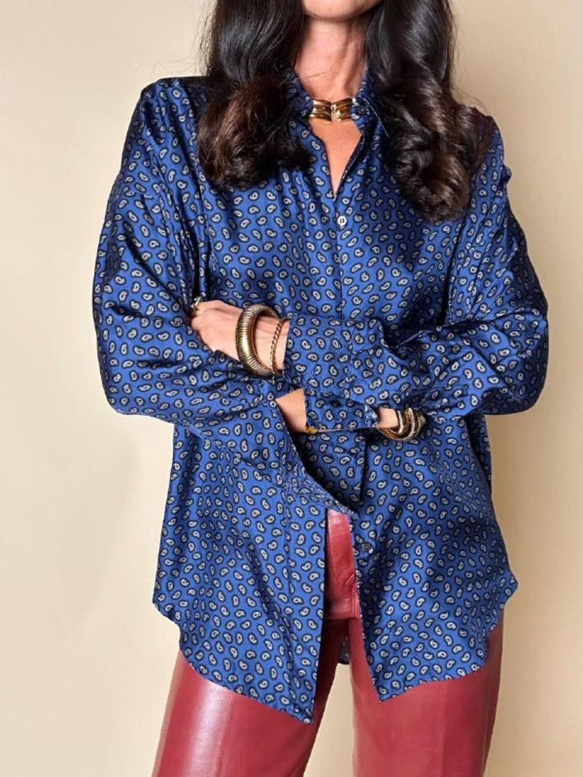 Camicia in seta Alberto Biani blu oltremare con fantasia cachemire