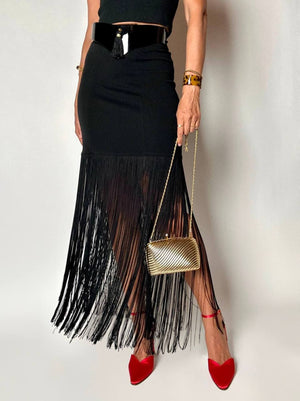 Gonna a tubino vintage Ivoire De Laurence Paris in jersey nero con frange lunghe