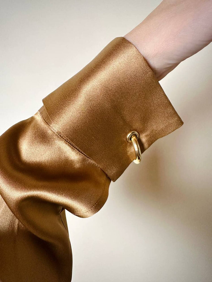 Blusa vintage Baila in seta bronzo con dettaglio gioiello nei polsi