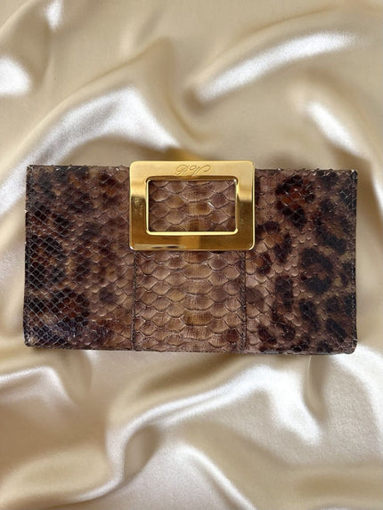 Pochette vintage Roger Vivier in pitone fantasia Leopardo con distintivo fermaglio rettangolare in metallo dorato