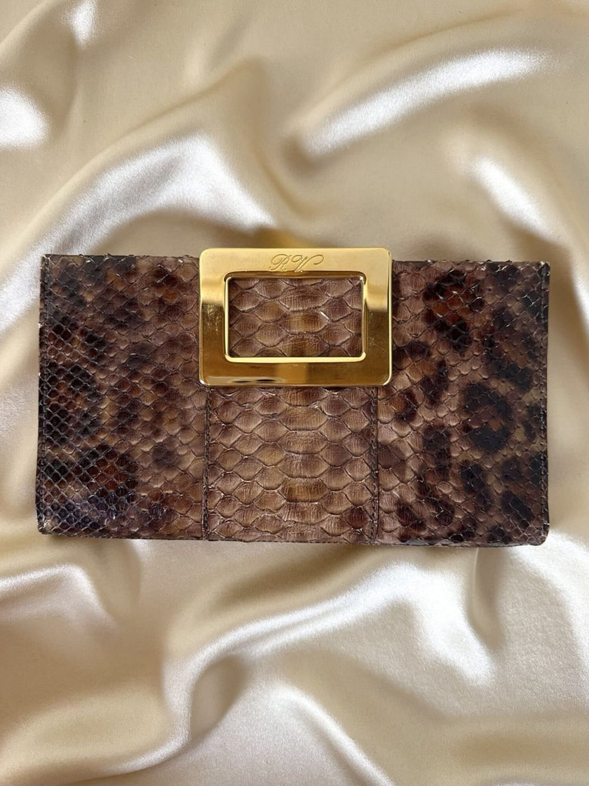 Vintage Roger Vivier leopard-print python clutch with a distinctive rectangular gold-tone metal clasp