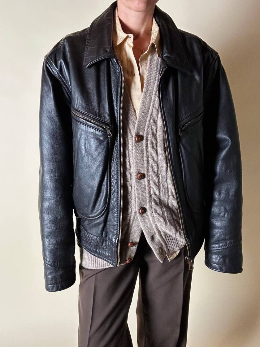 Bomber aviator in pelle testa di moro con fodera gialla matelassé