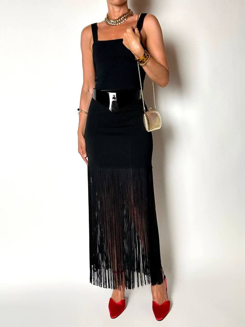 Gonna a tubino vintage Ivoire De Laurence Paris in jersey nero con frange lunghe