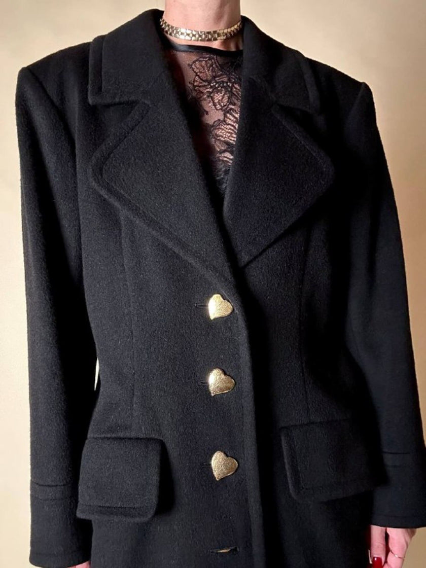 Vintage-Kurzmantel von Yves Saint Laurent aus schwarzer Wolle mit herzförmigen goldenen Knöpfen