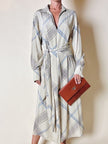 Abito Guy Laroche in crepe beige fantasia geometrica nera e azzurra
