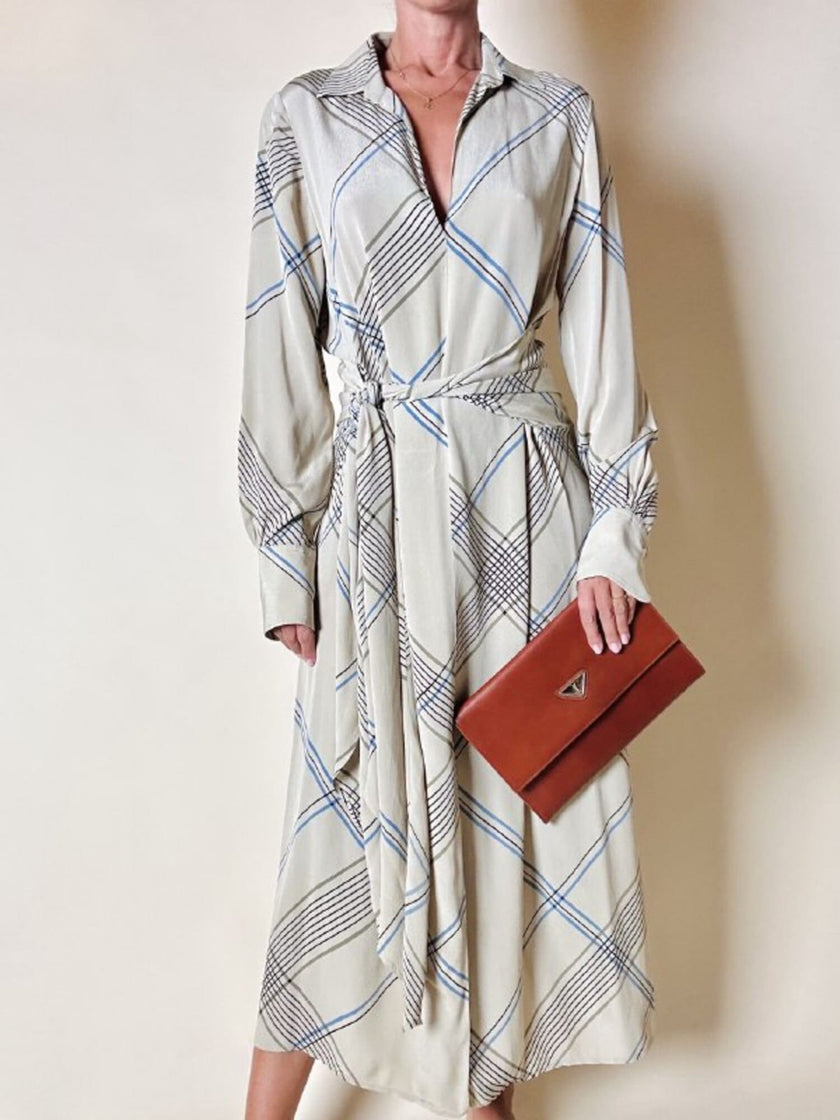 Abito Guy Laroche in crepe beige fantasia geometrica nera e azzurra