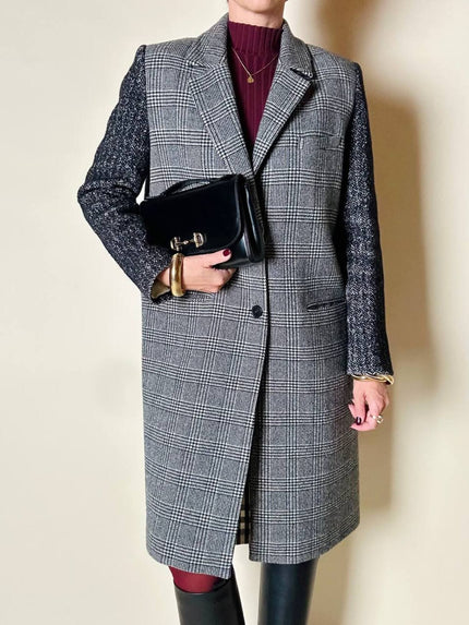 Cappotto Masscob in lana Principe di Galles con maniche spinate e finiture in pelle nera