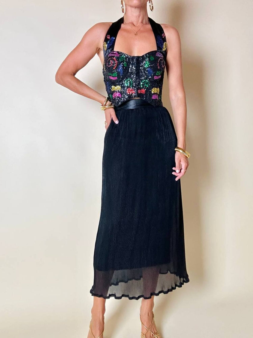 Schwarzes Satin-Bustier, bestickt mit schwarzen Pailletten mit mehrfarbigen Details