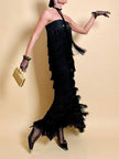 Abito/gonna in crepe di seta nero con frange a balze