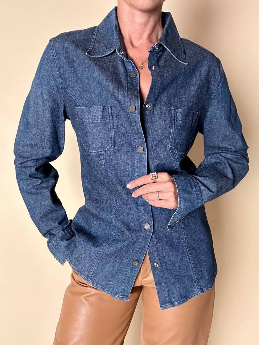 Camicia Fendissime in denim blu con bottoni  moneta da 10 lire