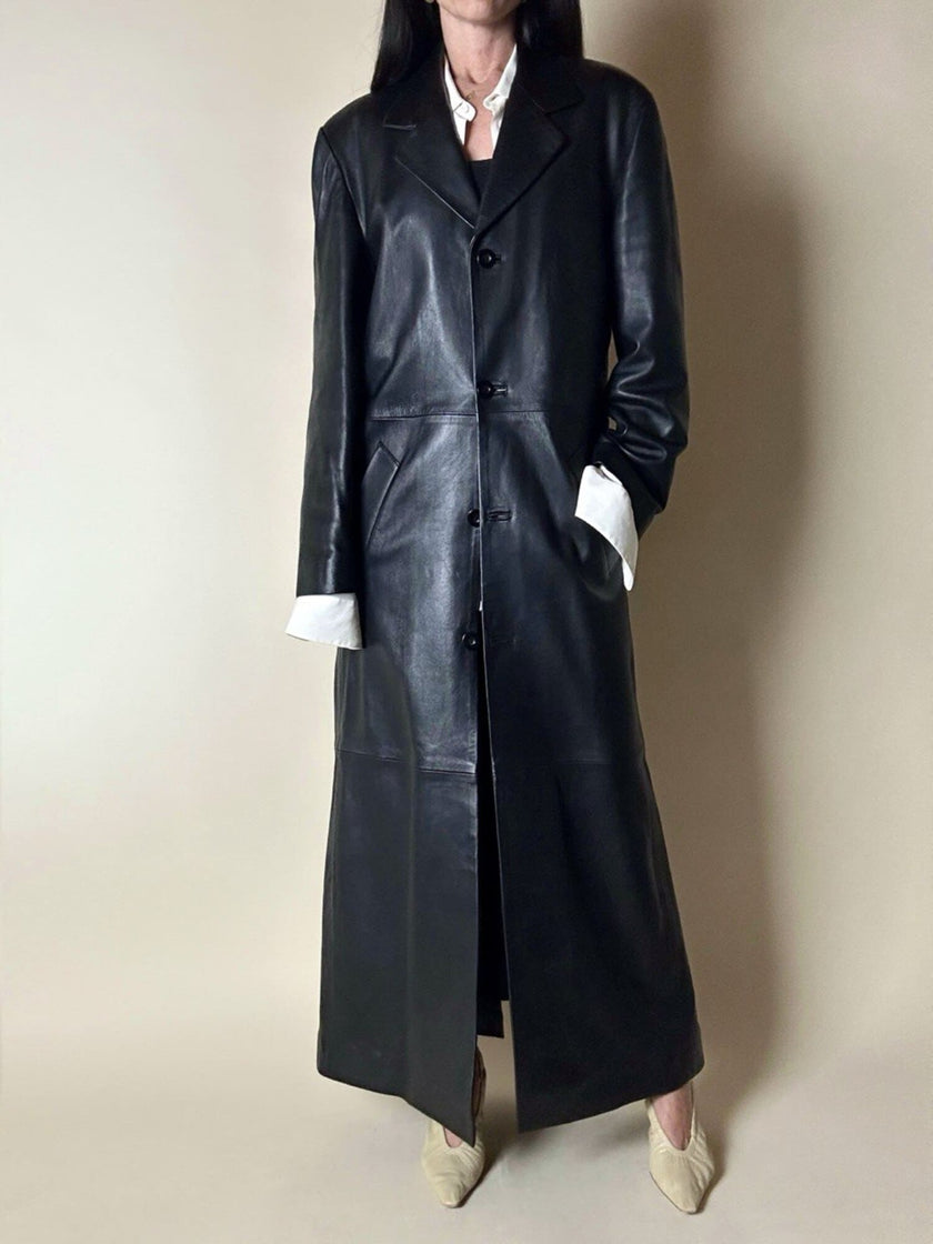 Maxi cappotto vintage in pelle nera Real Leather con fodera matelassé