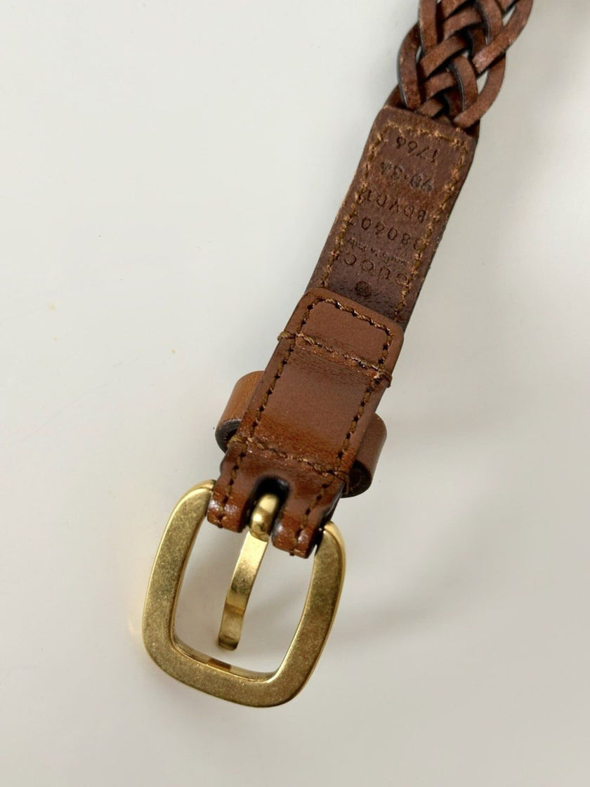 Cintura Gucci in pelle intrecciata color cuoio con fibbia oro