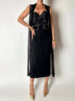 Gilet vintage lungo in rete nera con rever e spacchi laterali New Age