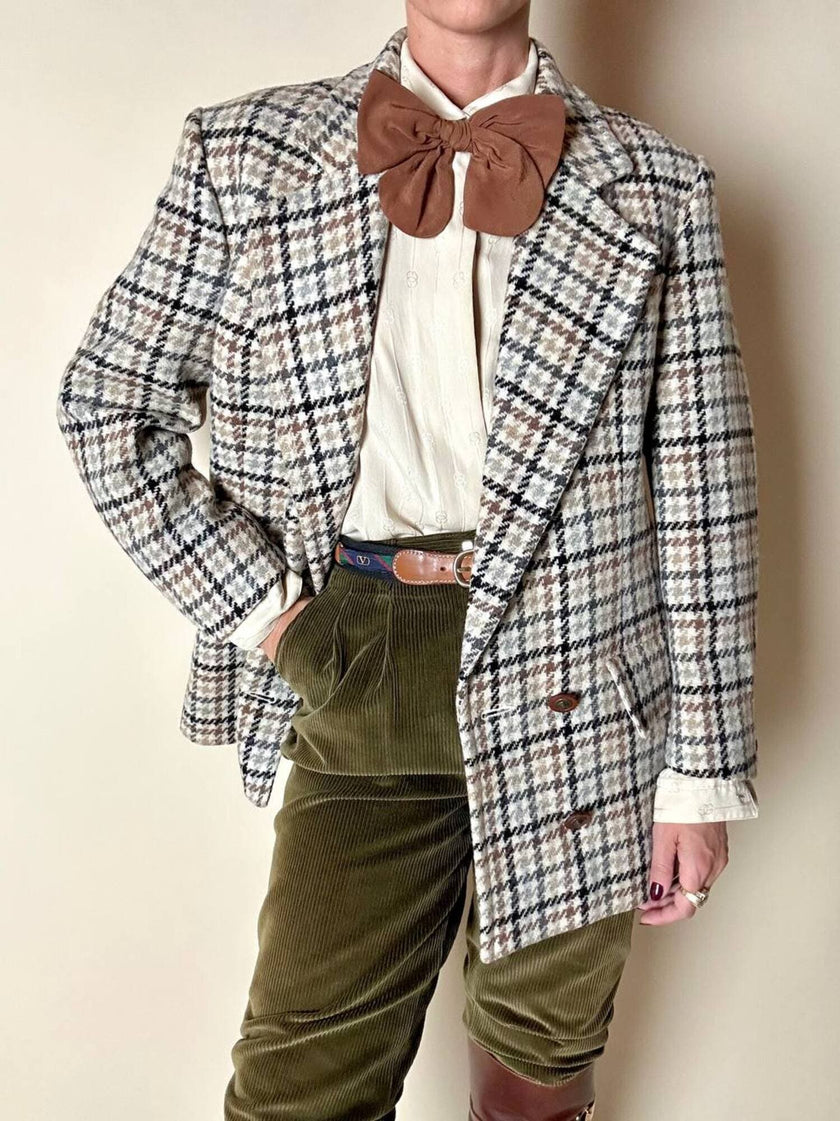 Guy Laroche Sportswear glen check wool double-breasted blazer with leather and metal buttons