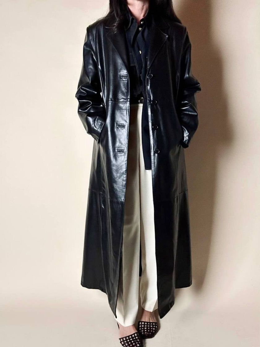 Maxi cappotto vintage in pelle nera semi lucida Vera Pelle