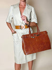 Maxi borsa in pelle stampa coccodrillo color cuoio