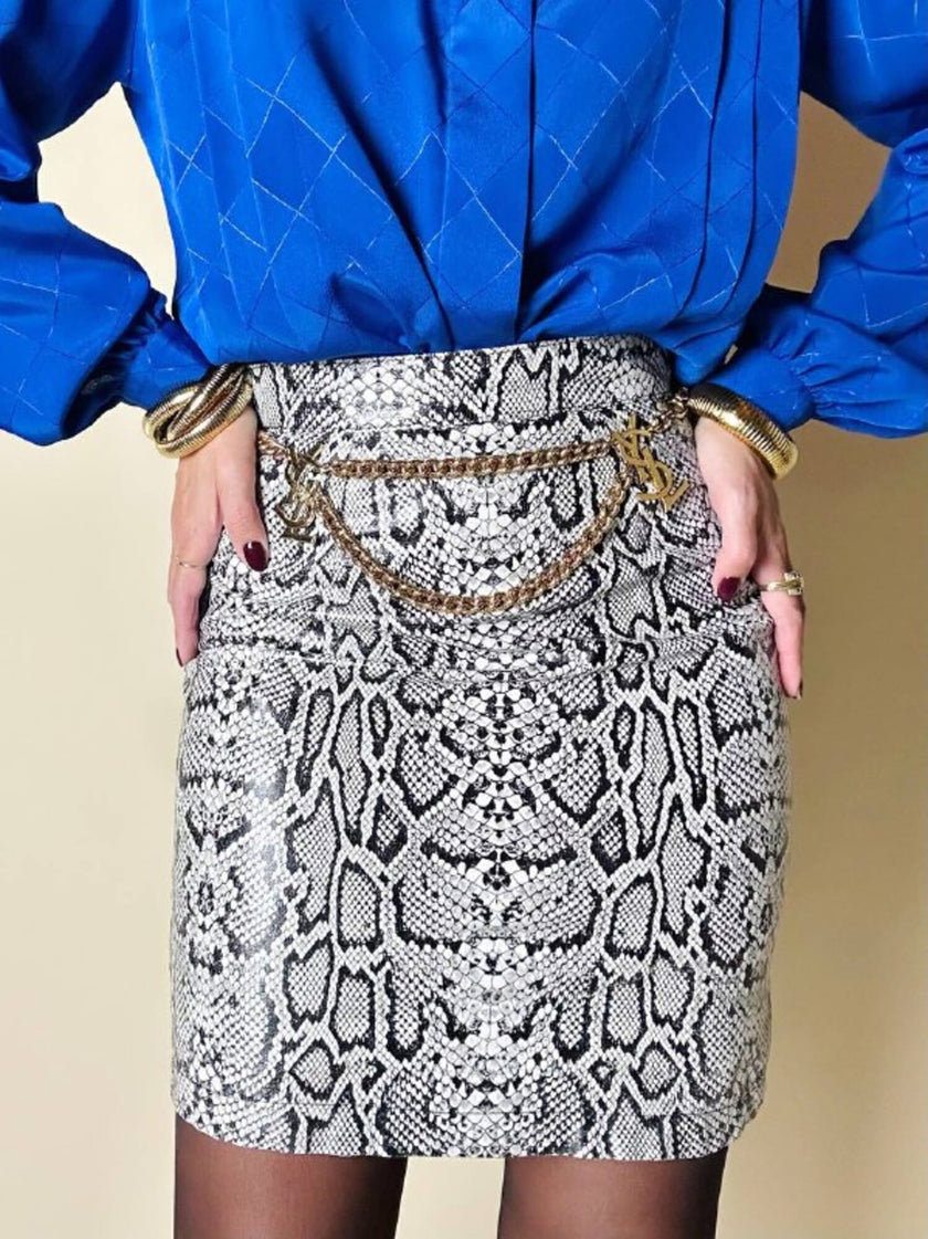 Minigonna vintage Laura Prisco in pelle bianca stampa pitone nei toni del nero e grigio