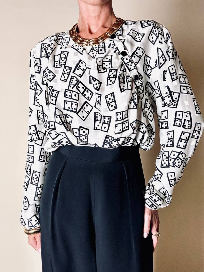 Blusa Yves Saint Laurent in tessuto jacquard bianco e nero fantasia Domino