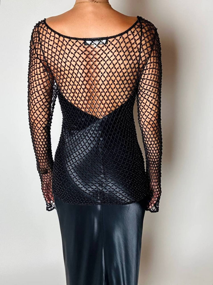 Maglia gioiello vintage List in rete operata con microperline nere