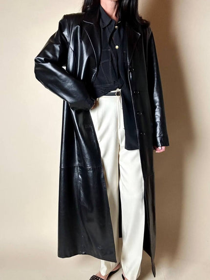 Maxi cappotto vintage in pelle nera semi lucida Vera Pelle