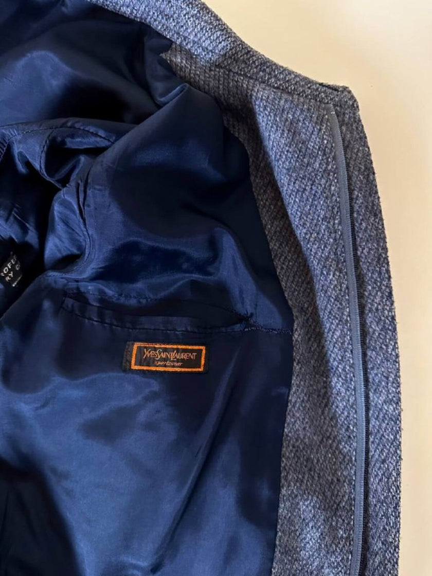 Bomber Yves Saint Laurent in lana grigio mélange con bottoni color cuoio