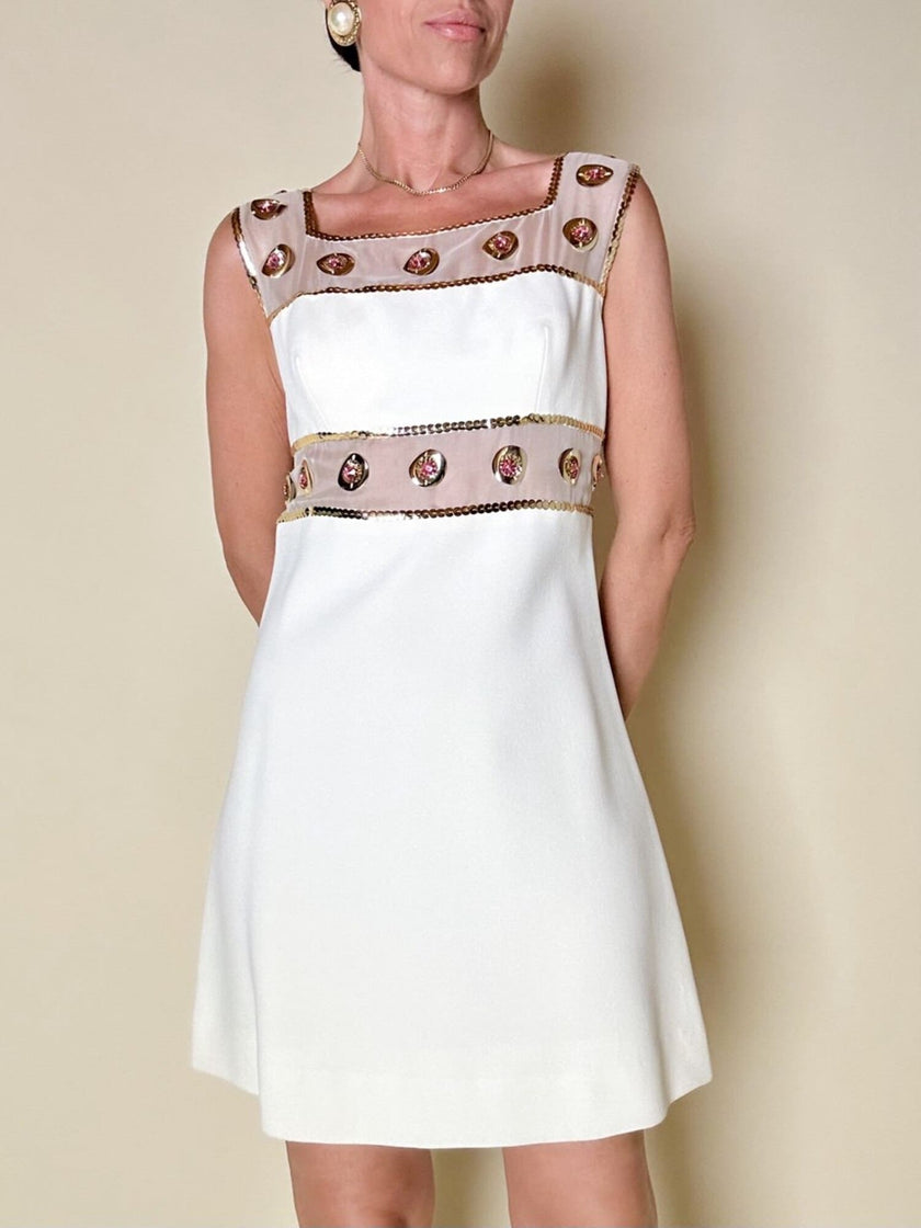 Mini dress bianco con inserti di organza ricamati in paillettes “Luis Mari”