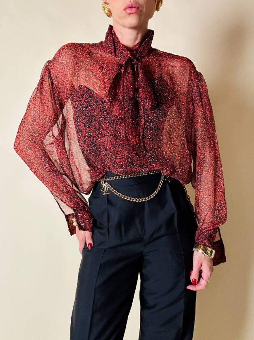 Blusa rossa in chiffon micro fantasia “Yves Saint Laurent”