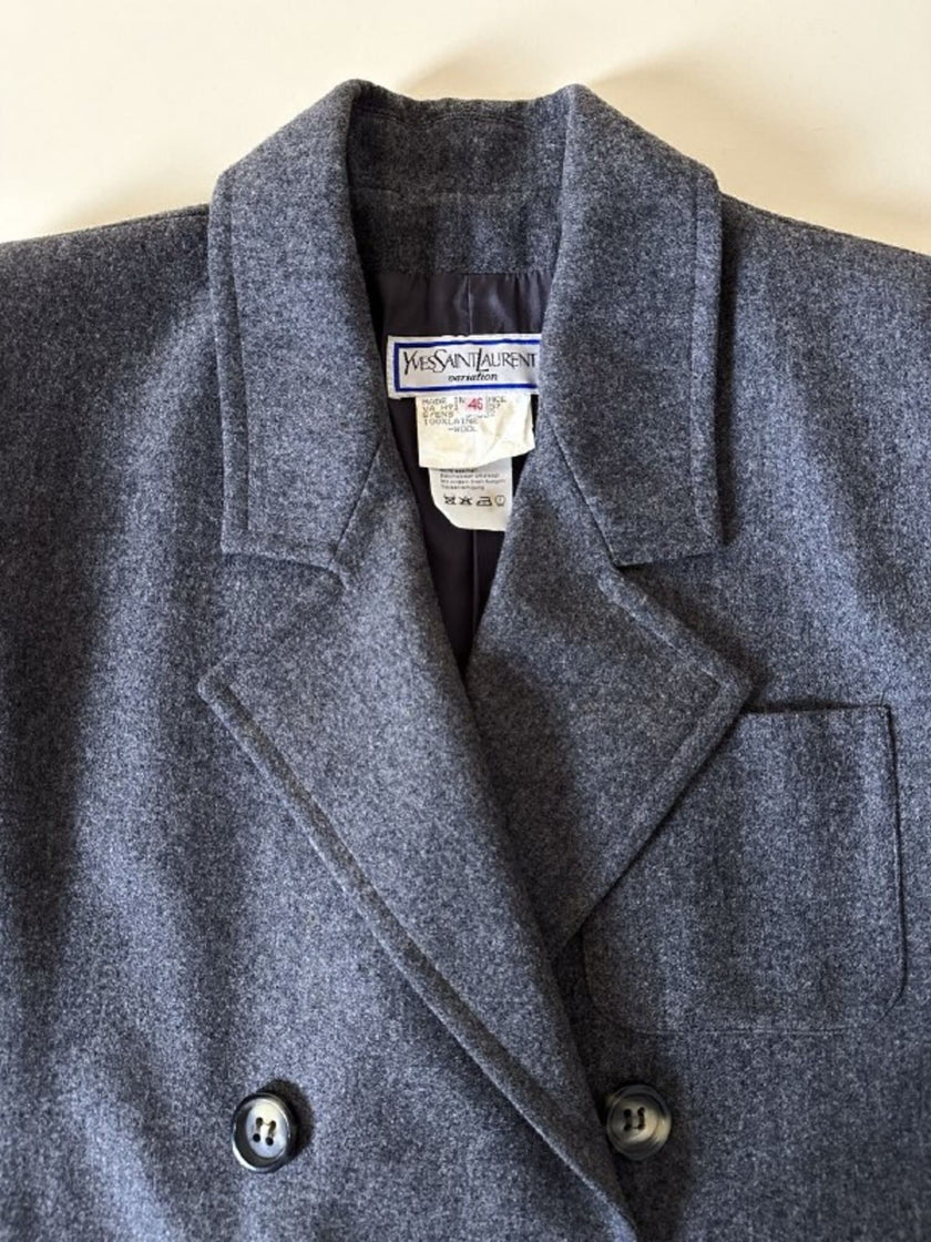 Blazer doppiopetto Yves Saint Laurent in panno di lana mélange grigio antracite