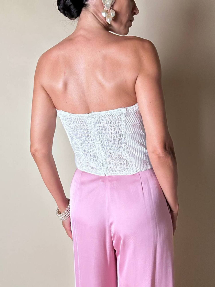 Bustier in raso micro plissé bianco con scollo a cuore 