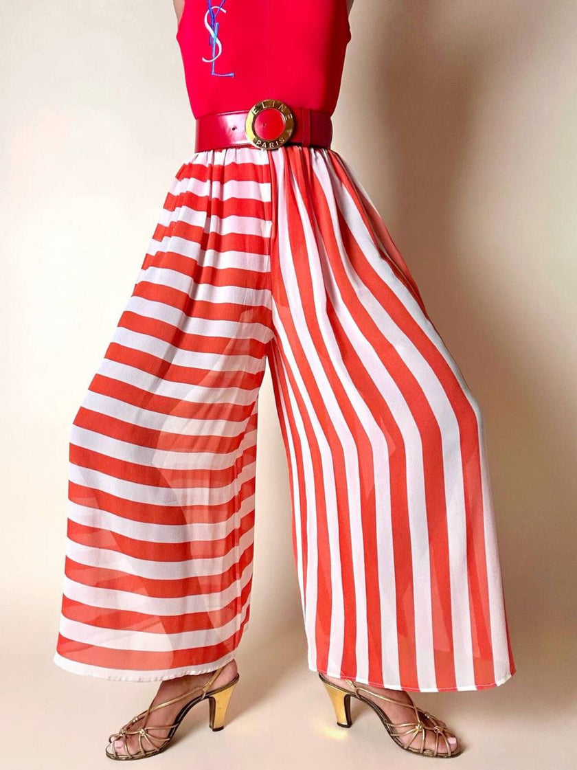 Gonna-pantalone sartoriale in chiffon di seta bianco e rosso a righe