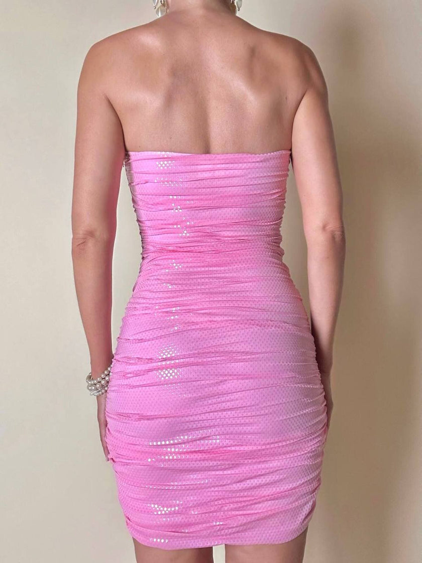 Mini dress rosa in tessuto stretch con micro paillettes trasparenti termo-adesive “La Perla”