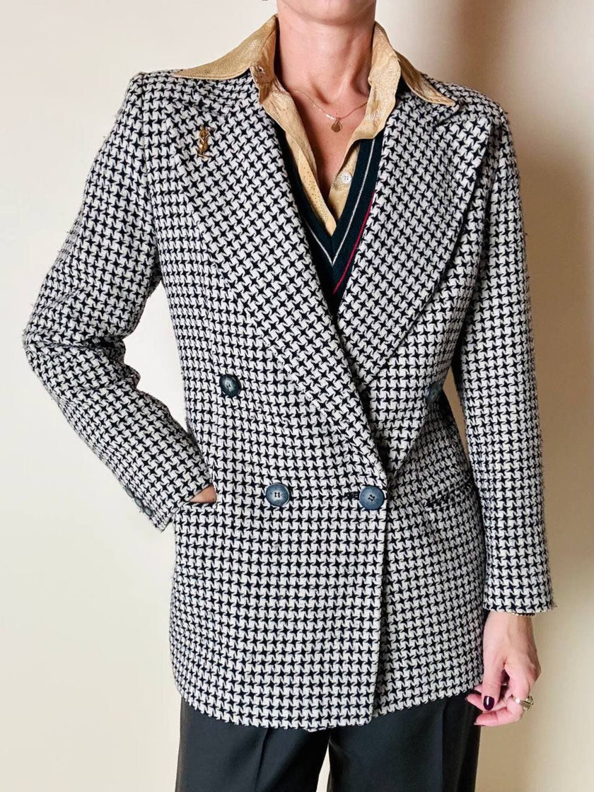 Blazer doppiopetto Mani by Giorgio Armani in lana fantasia pied de poule beige e nera