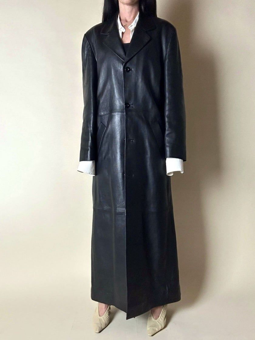 Maxi cappotto vintage in pelle nera Real Leather con fodera matelassé