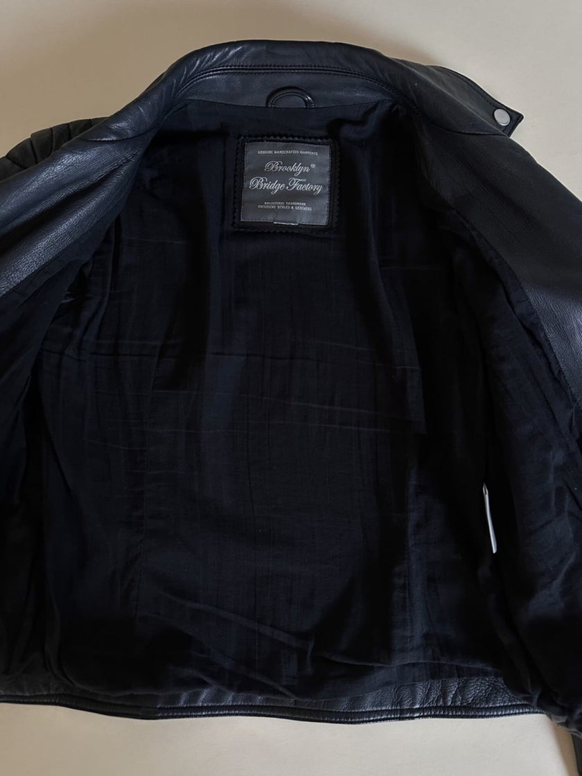 Giacca Biker vintage in pelle nera Brooklyn Bridge Factory
