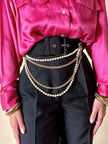 Cintura alta in gros grain nero con perle e catene pendenti “Moschino”