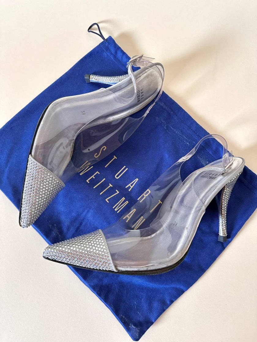 Slingback vintage a punta in plexi e strass argento Stuart Weitzman