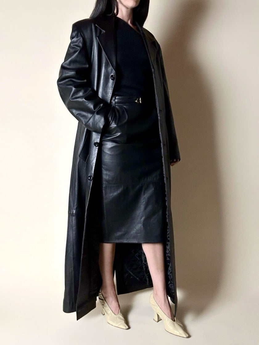 Maxi cappotto vintage in pelle nera Real Leather con fodera matelassé