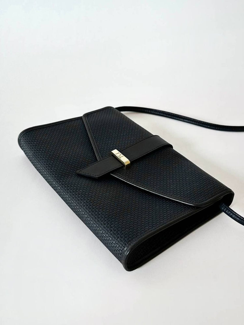 Borsa bandoulière vintage Yves Saint Laurent in tessuto plastificato e pelle blu notte
