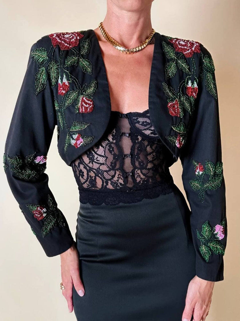 Bolero sartoriale in cotone nero con rose rosse ricamate in perline