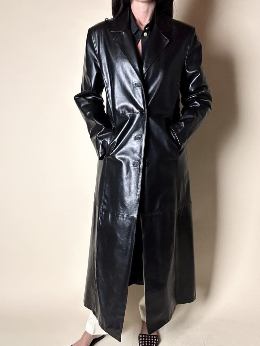 Maxi cappotto vintage in pelle nera semi lucida Vera Pelle