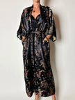 Langer Vintage-Kimono-Bademantel aus schwarzem Jacquard-Satin mit Drachen- und Blumenmotiven