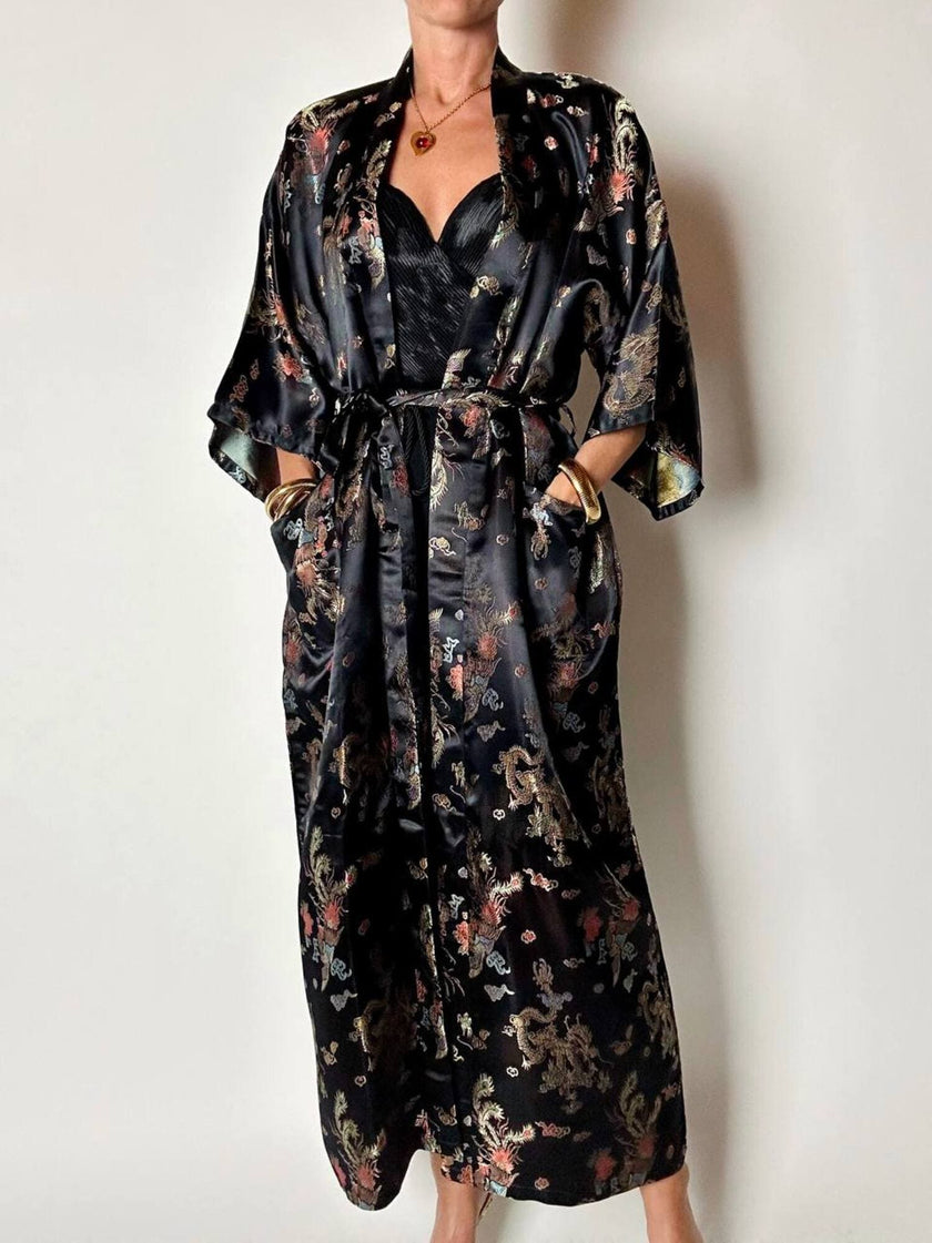 Langer Vintage-Kimono-Bademantel aus schwarzem Jacquard-Satin mit Drachen- und Blumenmotiven