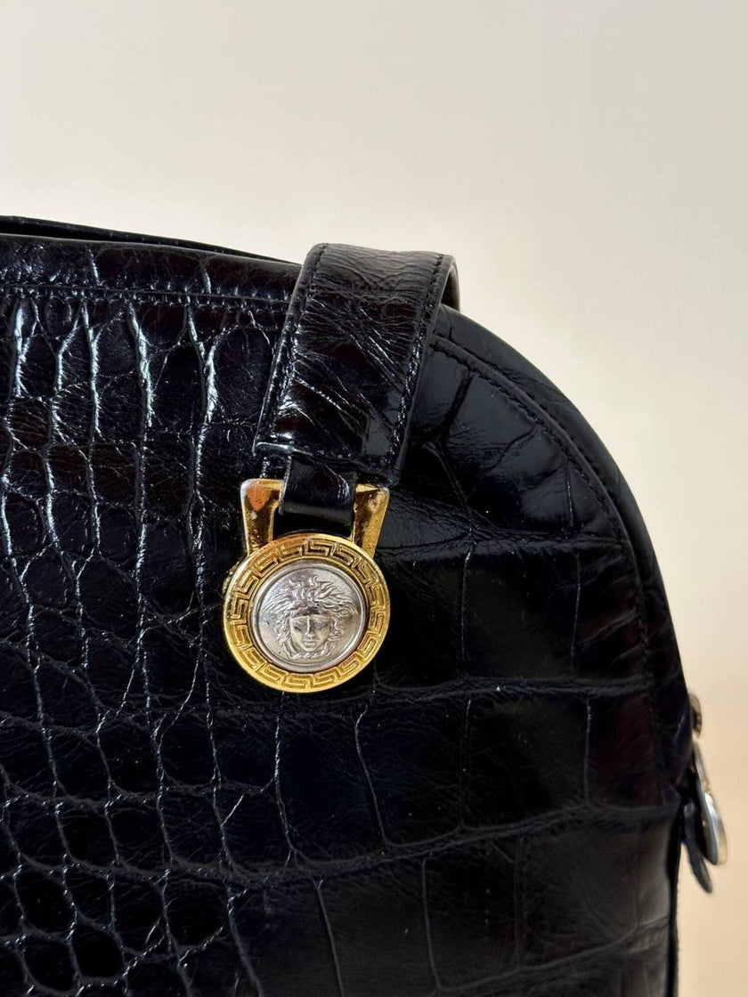 Borsa nera in pelle stampa coccodrillo “Gianni Versace”