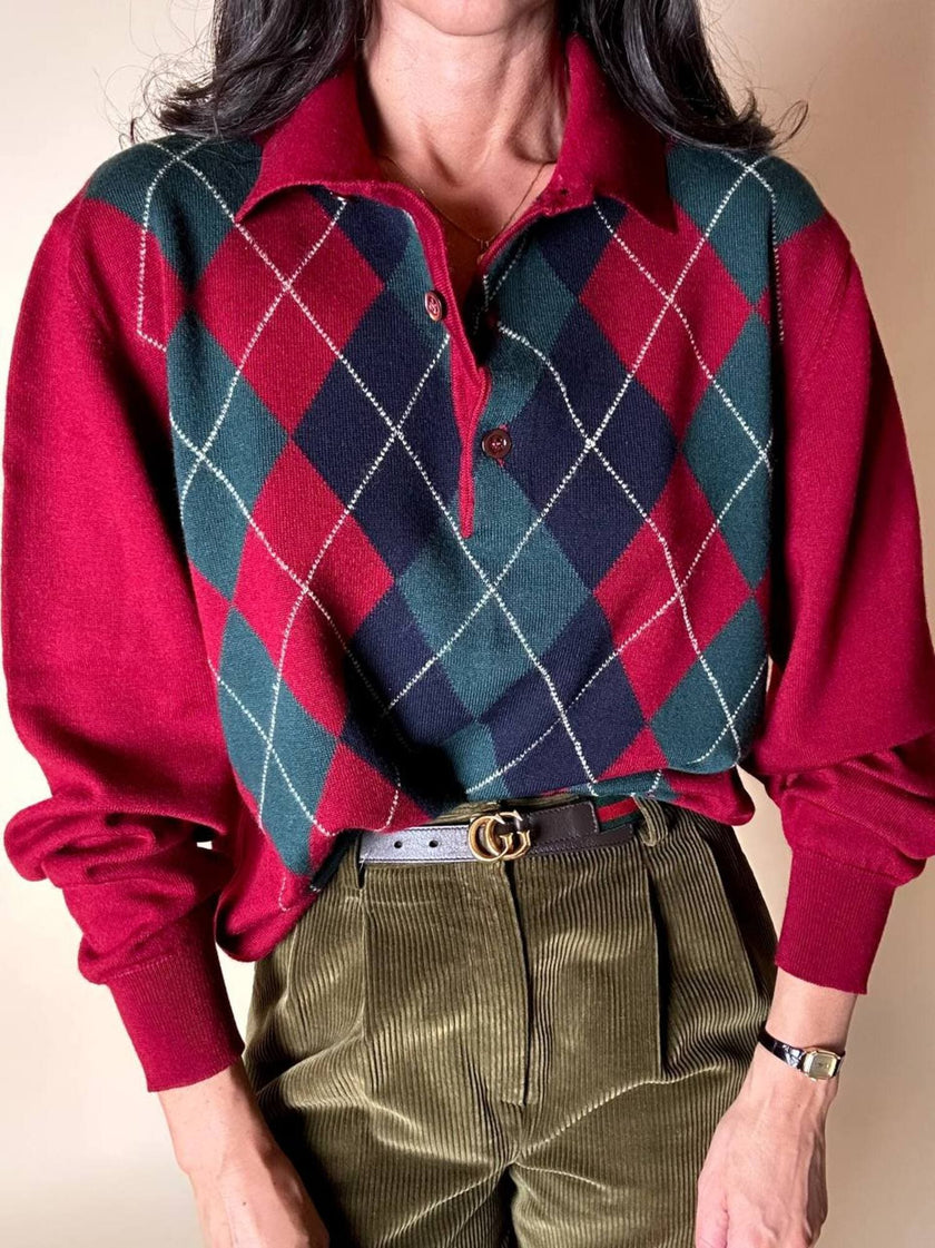 Pullover Yves Saint Laurent fantasia Argyle rosso Borgogna verde inglese e blu notte