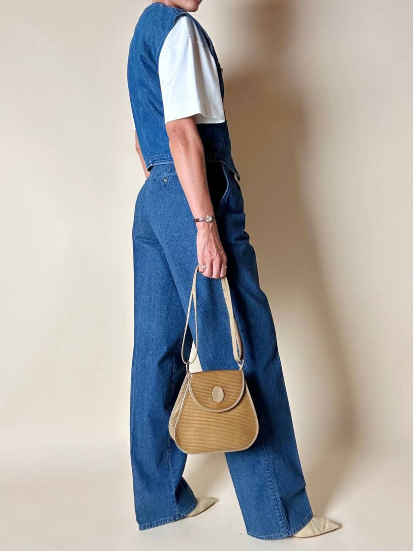 Borsa Yves Saint Laurent in tessuto plastificato millerighe color cammello con riporti in pelle argilla