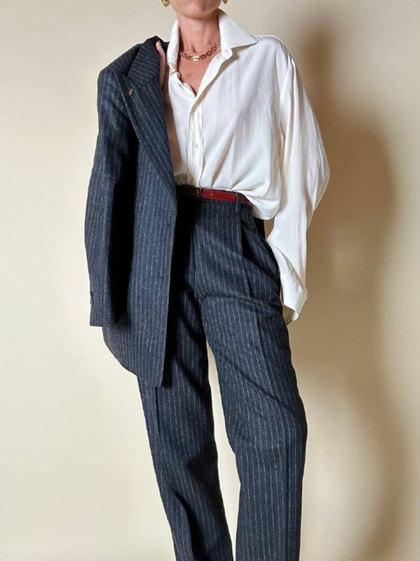 Tailleur gessato giacca/pantalone in lana grigio antracite “Antonio Fusco”
