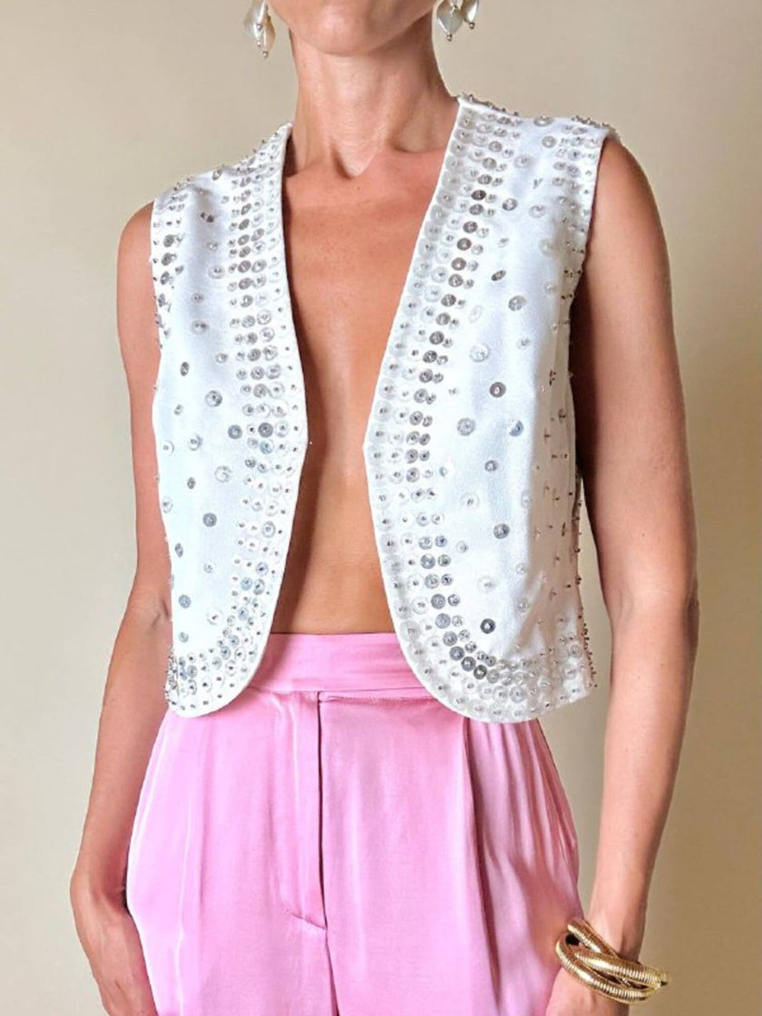 Gilet in crêpe bianco con paillettes ricamate “Brunella Mode”